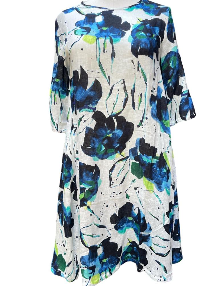 linnen bloemenjurk met print a243 l384 - Thanny