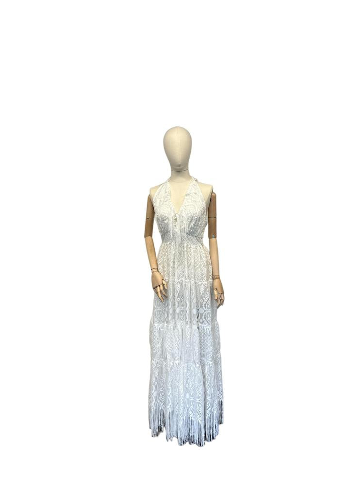 elegante ivoorkleurige kantjurk met franjes - dw070 - Antica Sartoria