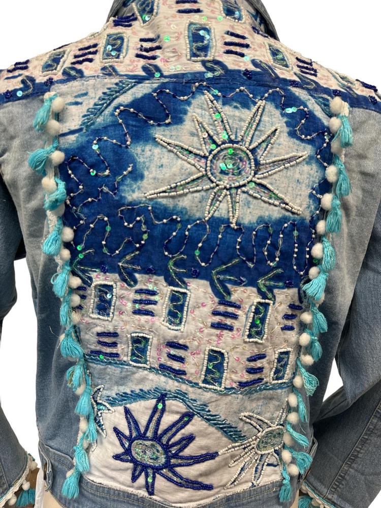 geborduurd denim jack met kwastjes en kralendetails - dv2151 - Antica Sartoria