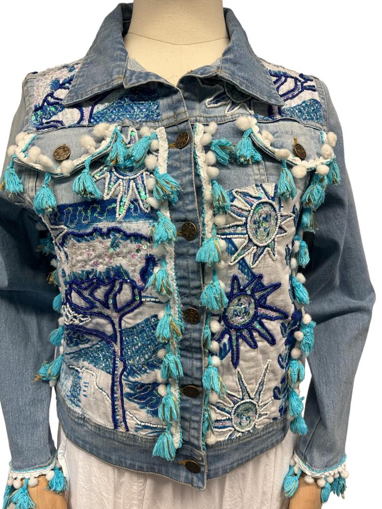geborduurd denim jack met kwastjes en kralendetails - dv2151 - Antica Sartoria