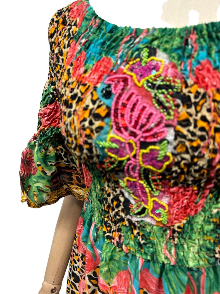 off-shoulder boho-chique jurk met kleurrijke print - cv432 - Antica Sartoria