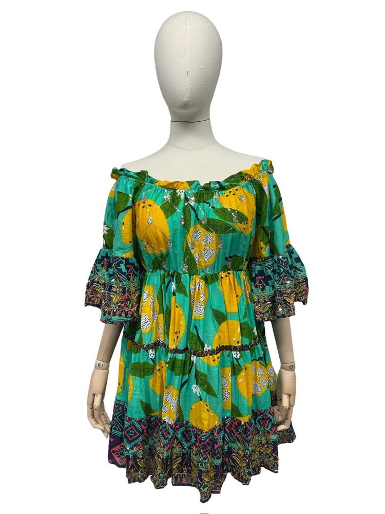 boho-chic off-shoulder zomerjurk met etnische print - Antica Sartoria