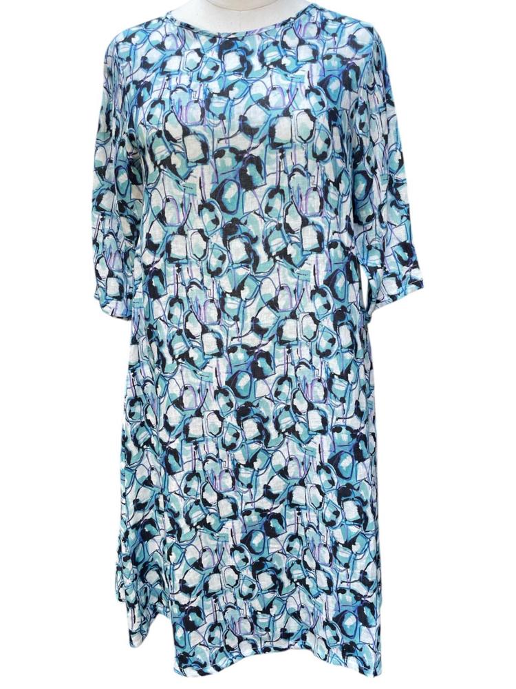 linnen jurk met abstracte print a243 l381 - Thanny