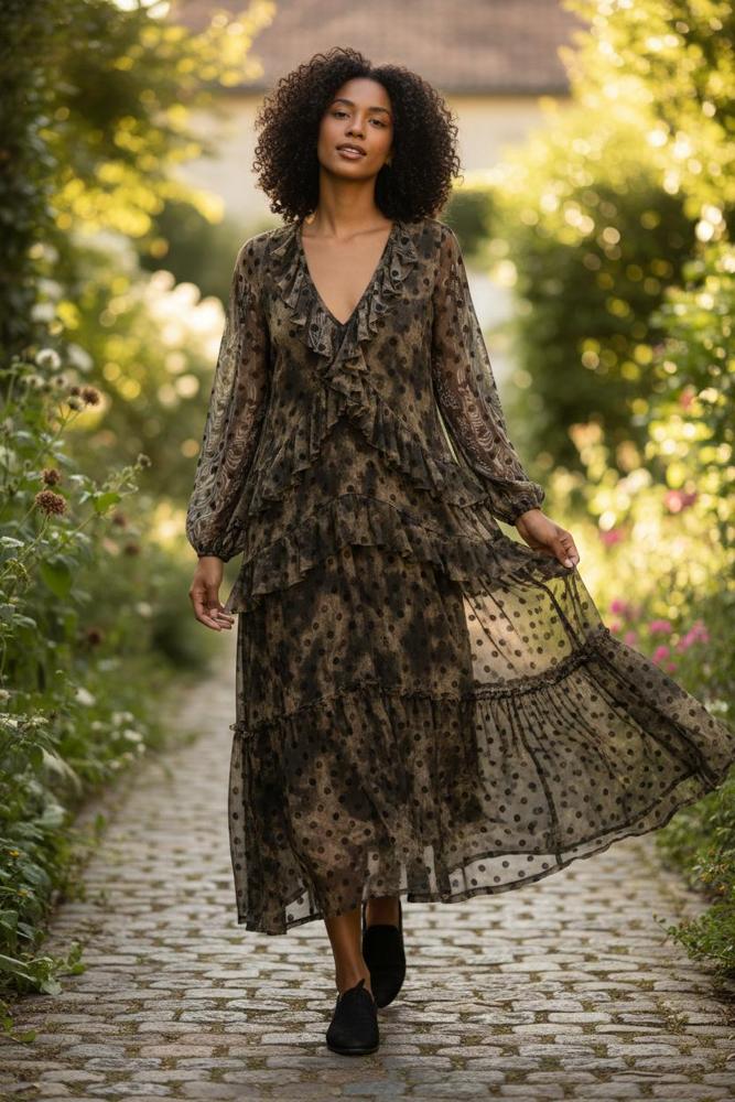 maxi jurk met ruches stippen ud664 - Alembika