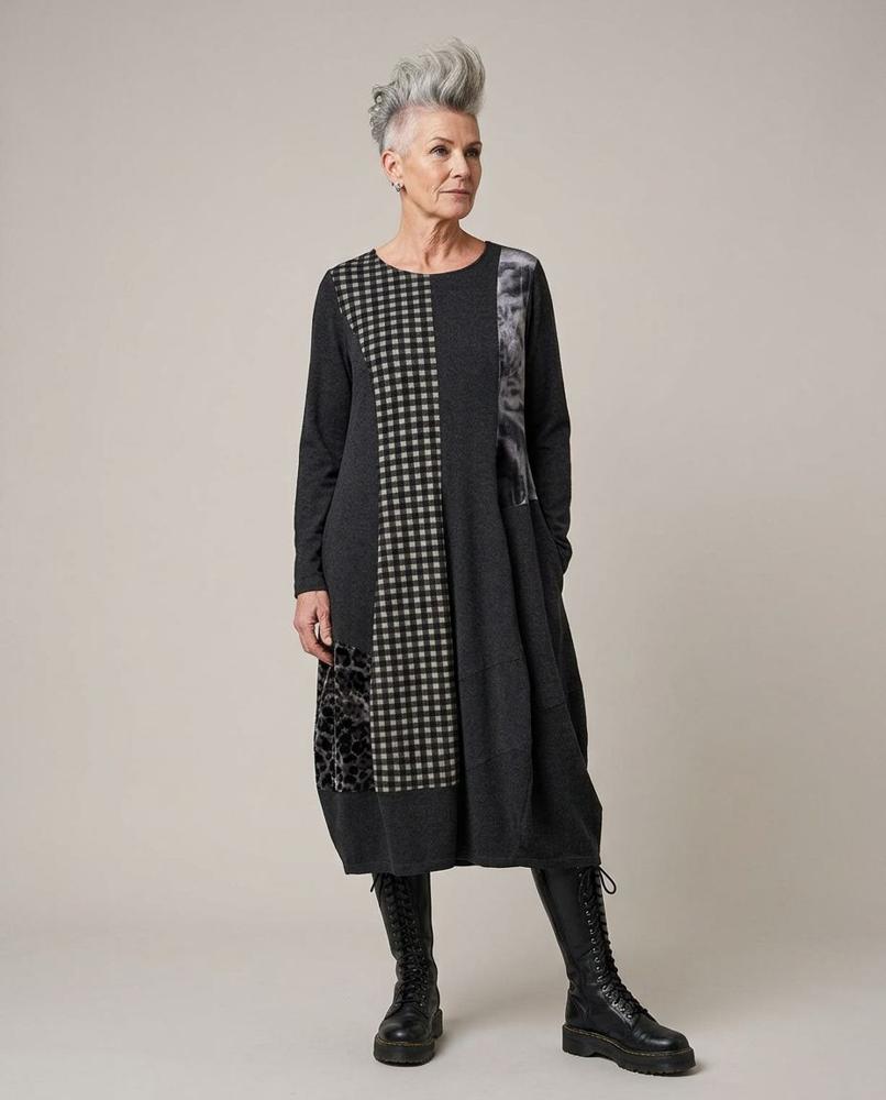 stijlvolle patchwork midi jurk ad908 - Alembika