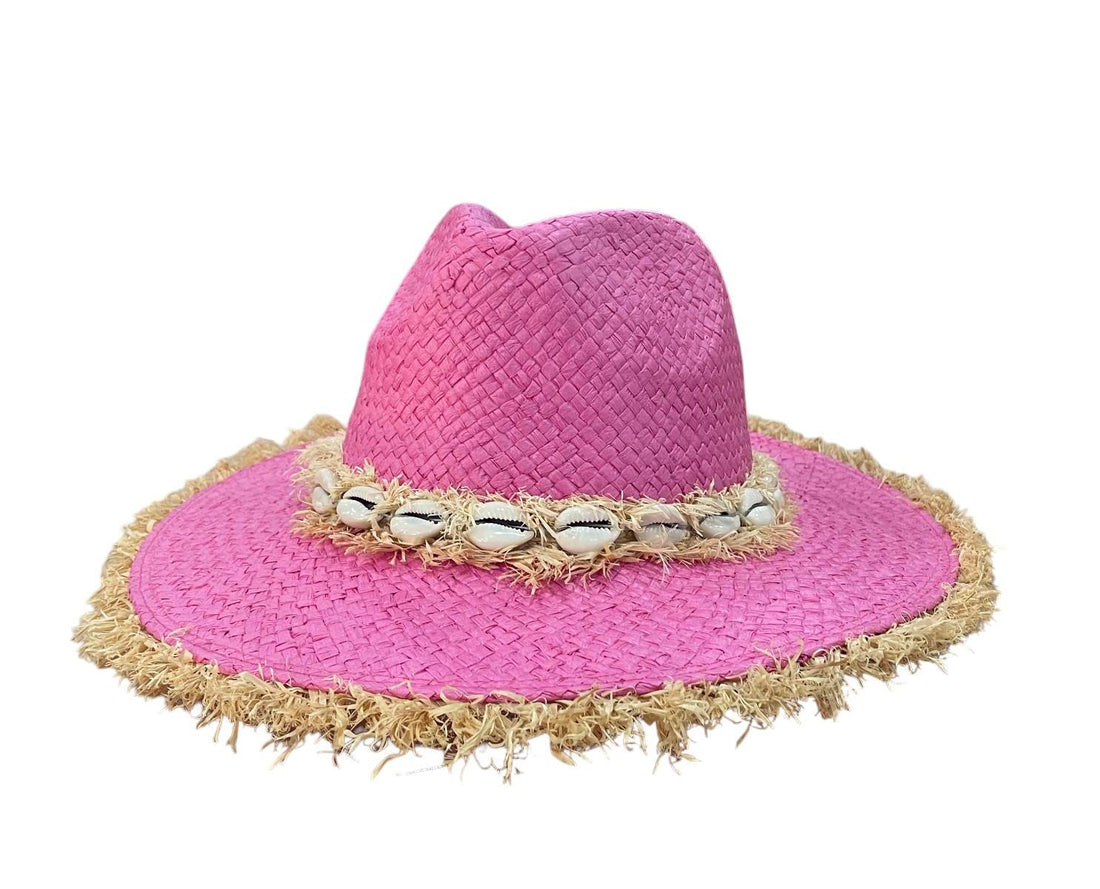 roze zomerhoed met schelpenband en rafelrand - 00026296 - Alexandr&