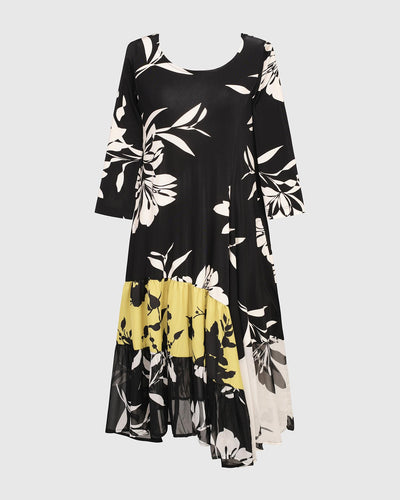 zwarte bloemenprint a-lijn jurk met contrasterende zoom sd510f - Alembika