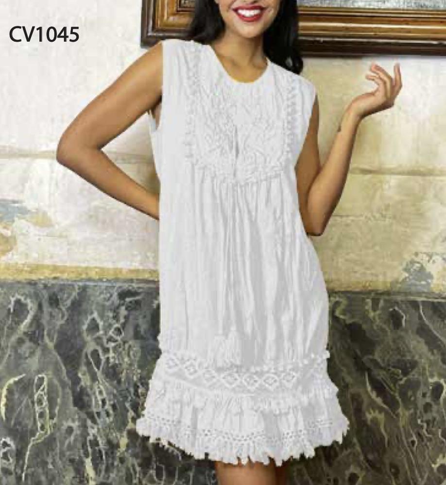 bohemien witte geborduurde zomerjurk met kant detail - cv1045 - Antica Sartoria