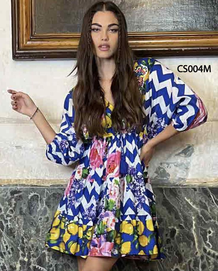 vrolijke bloemenprint a-lijn jurk met lange mouwen - cs004m - Antica Sartoria