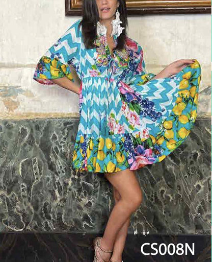 bohemien zomerjurk met bloemen- en zigzagprint - cs008n - Antica Sartoria
