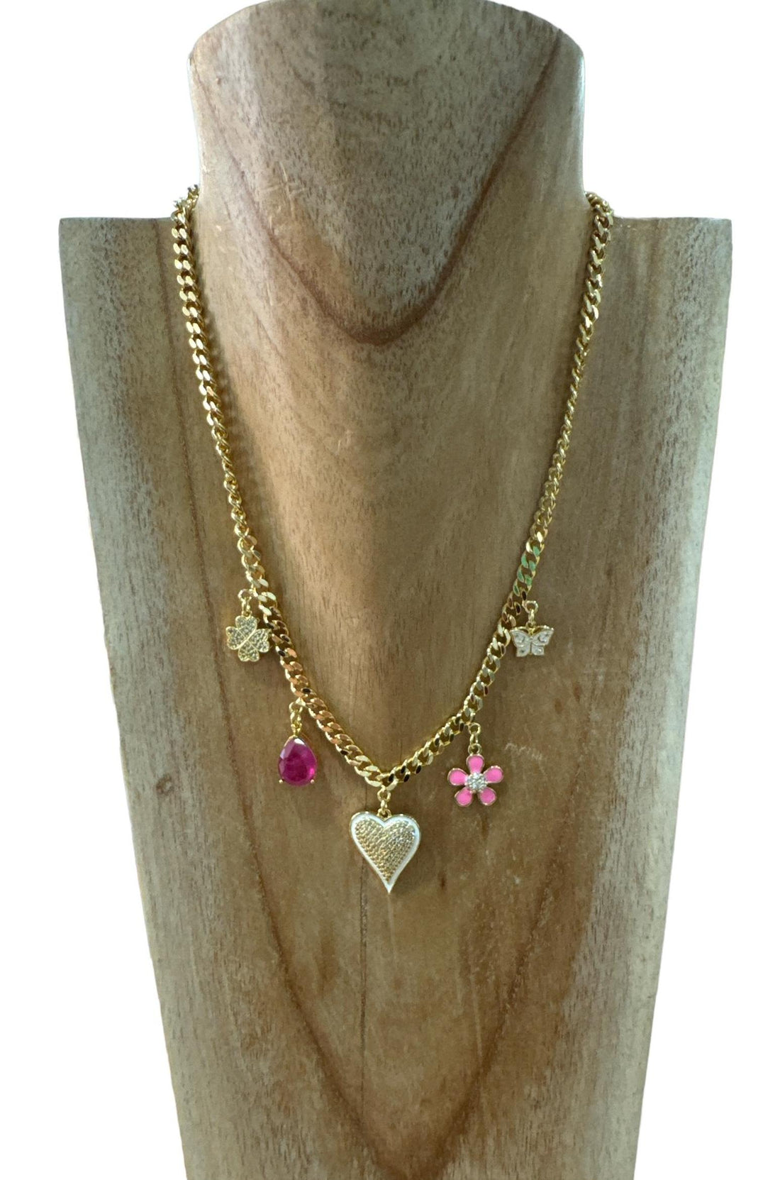 charm halsketting met hartje, bloem en kristallen bedels copr21 - Sophie Goetsch