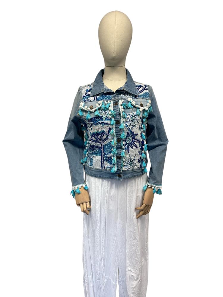 geborduurd denim jack met kwastjes en kralendetails - dv2151 - Antica Sartoria