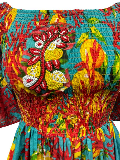 kleurrijke geplisseerde tuniek met geborduurde details - cs005e - Antica Sartoria