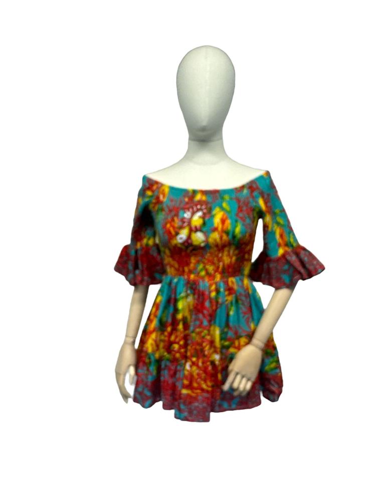 off-shoulder boho-chique jurk met kleurrijke print - cv432 - Antica Sartoria