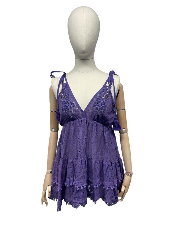 paarse kanten zomerjurk met v-hals en ruches - model cc475 - Antica Sartoria