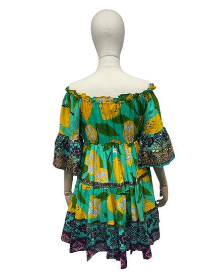 boho-chic off-shoulder zomerjurk met etnische print - Antica Sartoria