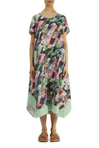 kleurrijke abstracte print midi-jurk met korte mouwen - Grizas