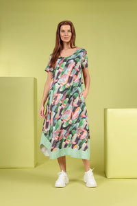 kleurrijke abstracte print midi-jurk met korte mouwen - Grizas